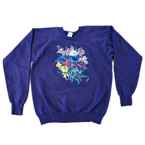 morning sun Sweaters - Vtg MORNING SUN 3D Floral Granny Sweatshirt Womens L Purple Pullover Crewneck